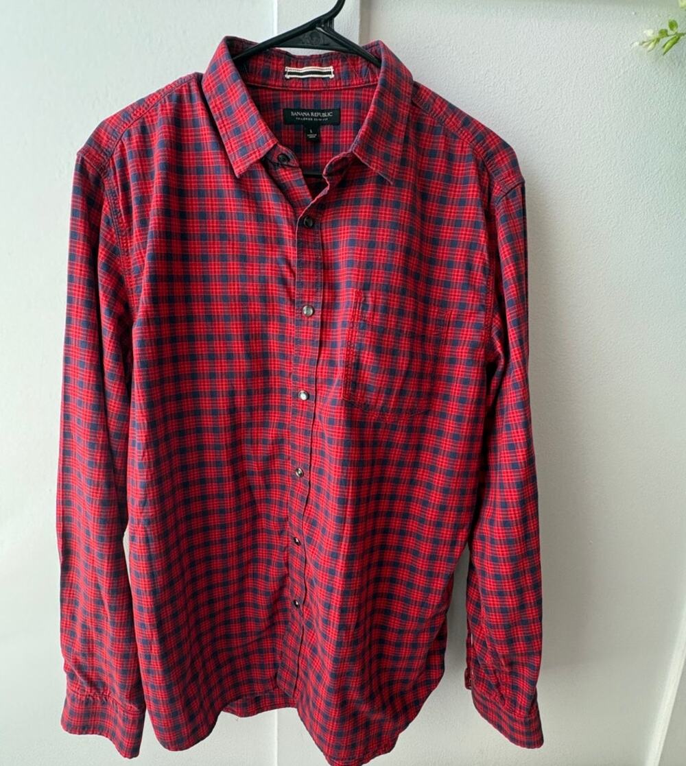 Mens Banana Republic red blue plaid slim fit cotton spandex western Large